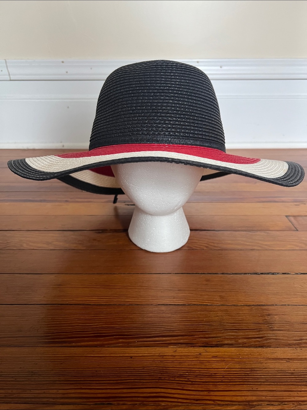 Vintage Woven Straw Wide Brim Sun Hat Navy Red Cream Striped Floppy Beach Hat M